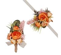 YOKOKE Corsage and Boutonniere Set, Handmade Artificial Peony Rose Wrist Corsage Wristlet and Groom Boutonniere for Men Wedding Prom Suit Decorations (Orange)