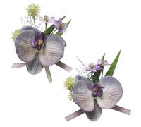 YOKOKE Wrist Corsage and Boutonniere Set, Artificial Orchid Flowers Corsage Wristlet Boutonniere for Men Wedding Prom Suit Decorations (Purple)