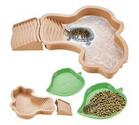 yokugo 3PCS Tortoise Water Bowl with Ramp, Reptile Water Dish with Leaf Tortoise Water Food Dish, Turtle Basking Platform Turtle Habitat Bathing Pool for Lizard Frog, Brownish Yellow