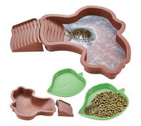 yokugo 3PCS Tortoise Water Bowl with Ramp, Reptile Water Dish with Leaf Tortoise Water Food Dish, Turtle Basking Platform Turtle Habitat Bathing Pool for Lizard Frog, Reddish Brown
