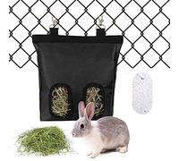 YOLAGGOY Guinea Pig Hay Feeder, 2 Holes Hanging Rabbit Hay Feeder Bag for Small Animals with 1 Grind Teeth Stone, Black