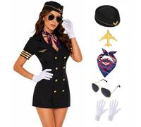 Yolata Women’s Flight Attendant Costume Set, Pilot Stewardess Uniform，black：XL：Standard