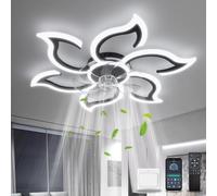 YOLEDY Ceiling Light with Fan and Remote App, 88cm Low Profile Ceiling Fans with Lamps, Flower Shape Design, Led Dimmable, Reversible DC Motor, Silent 6 Speed, for Bedroom, Lounge, Black