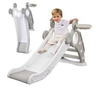 YOLEO 4-in-1 Kids Slide with Basketball Hoop - Baby Slide & Climber Playset, Foldable Indoor Outdoor Toddler Slide for Ages 1-3, Safe Children‘s Garden Slide with Ball & Extended Runout (Grey)