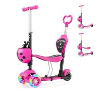 YOLEO 5-in-1 Kids Scooter with Removable Seat, LED Flashing Wheels Height Adjustable 3 Wheels Kick Scooter with Push Handle for Toddlers, Boys and Girls from 2 Years (Pink)