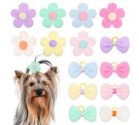 Yolev 14 Pcs Dog Hair Bows Small Dog Bows Handmade Flower Puppy Hair Accessories with Rubber Band Mixed Colors Dog Bowknot Bulk for Small Cat Pet Hair Holiday Daily Party Birthday Accessories