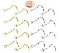 Yolev 16Pcs Nose Studs Set Surgical Stainless Steel Nose Ring Stud Cubic Zirconia Small Nose Studs CZ L Shape Nose Rings for Women Stud Diamond Top Size 1.5mm 2mm 2.5mm 3mm(Gold Silver)