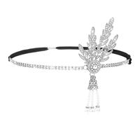 Yolev 1920's Flapper Headband Flapper Headpiece Head Bands Silver Headpiece | Leaf Rhiestones, Pearl Tassel, Head Jewelry, for Women Bride, Wedding Parties, Hair Headband Accessories