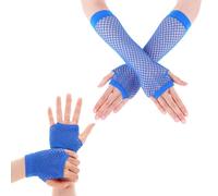 Yolev 2 Pairs Long Fingerless Fishnet Gloves Fingerless Short Fishnet Gloves Fishnet Mesh Fingerless Gloves 80s 90s Party Costume Accessories for Women and Girls (Royal Blue)