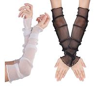 Yolev 2 Pairs Long Ultra-thin Fingerless Elbow Summer Gloves Sun UV Protection, Cooling Mesh Tulle Sunscreen Fingerless Arm Sleeves for Party Outdoor Sports Activities (White and Black)