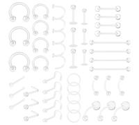 Yolev 48Pcs Clear Piercing Retainer Set for Surgery Sports - Ear Nose Septum Lip Eyebrow Clear Nose Rings Tongue Earring Retainer Belly Bar - Plastic Piercing Jewellery