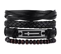 Yolev 4pcs Leather Bracelet Set for Men Women, Cross Charm Black Brown Wide Wristband, Woven Leather Cuff Wrap Bracelet Set, Elastic Adjustable Length
