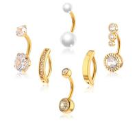 Yolev 6 Pcs Belly Button Bars Dangly Belly Button Piercing Gold Belly Button Ring Ball Stainless Steel Navel Piercing Jewelry Men Various Sizes Round Pearl Diamond