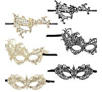 Yolev 6 Pcs Masquerade Masks for Women Gold Black Lace Mask 3 Styles Masquerade Mask for Glasses Couples Halloween Prom Ball Party Mardi Gras Lace Face Mask