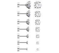 Yolev 7 Pairs Round Cubic Zirconia Stud Earrings Set for Women Men | 7 Sizes Clear CZ Silver-Tone Stud Earrings, Small to Large Multiple Piercing Cartilage Earring Set Gift
