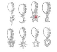 Yolev 8 Pcs 20g Dangle Nose Rings Hoop for Women Septum Nose Piercing Jewelry Studs Women L Shaped Dangling Nose Stud Hoop Nose Piercing Jewelry Heart Star Cartilage Nose Rings (Silver)