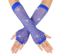Yolev Fishnet Gloves Long Fishnet Fingerless Gloves Fishnet Gloves for Women with Rhinestones Fishnet Shiny Fashionable Opera Gloves for 80s Costume Party Halloween Cosplay Accessories, royal, One