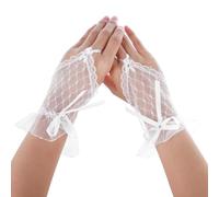 Yolev White Lace Gloves Women Tea Party Bow Short Fingerless Lace Gloves for Women Lightweight Elegant Mesh Sheer Bridal Wedding Prom Cosplay Funeral Masquerade Halloween