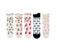 Yolhloy 5 Pairs Women Sheer Socks Flower Fruit Printed Embroidery High Socks, Women's Transparent Ankle Socks Thin Pop Socks Silk Mesh Socks for Women Girls