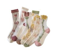 Yolhloy 5 Pairs Women Sheer Socks, Flower Printed Embroidery Transparent Thin Mesh Sock, See Through Summer Crystal Lace Ankle Socks for Women and Girls