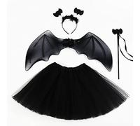 YolieraArt S o k i t r e e 4Pcs Girls Halloween Costume Set, Black Bat Wing Mesh Skirt with Headband and Wand, Party Dress Up Props for Carnival Cosplay (Style One)