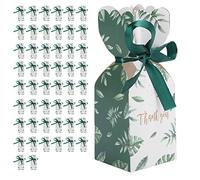 YolieraArt Wedding Sweets Box, 50pcs European Style Candy Container, White Cardboard With Ribbon, Suitable For Weddings Birthdays Housewarming Parties, 2 x 2 x 4.7 Inches (forest green leaves)