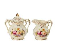 YOLIFE Ceramic Creamer and Sugar Set, Ivory Porcelain Flower and Gold Leaves Edge (Floral)