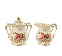 YOLIFE Ceramic Creamer and Sugar Set, Ivory Porcelain Flower and Gold Leaves Edge (Pink Rose)