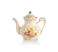 YOLIFE Floral Teapot, 25oz/2 Cup Ivory Vintage Ceamic Tea Pot with Infuser, Flowering Shrubs Teapot with Gold Leaves Trim Design