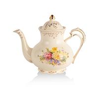 YOLIFE Floral Teapot, 35oz/4 Cup Vintage Ivory Ceramic Tea Pot with Infuser for Loose Leaf Tea, Flowering Shrubs Teapot with Gold Trim