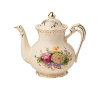 YOLIFE Flower Teapot, 800ml 4 Cup Ceramic Tea Pot, Vintage Floral with Gold Leaves Edge, Gift for Women