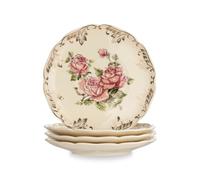 YOLIFE Ivory Vintage Floral Tea Saucers Set of 4, 5.8 inch with Gold Leaves Trim - Beautiful Porcelain Tea Plates for Cups, Ideal for Tea Parties