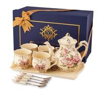 YOLIFE Pink Rose Tea Set, Ivory Vintage Ceramic Afternoon Tea Set with Gold Leaves Edge, Gift for Adults Women Tea Party Service