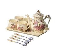 YOLIFE Pink Rose Tea Set, Ivory Vintage Ceramic Afternoon Tea Set with Gold Leaves Edge, Gift for Adults Women Tea Party Service