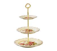 YOLIFE Porcelain 3 Tier Cake Stand, Afternoon Tea Service Cupcake Tray, Vintage Pink Rose Emboss Golden Leaves Edge Ivory for Party Food Display