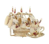 YOLIFE Tea Cup and Saucer Set of 6, 200ml Vintage Ivory Porcelain Cups Saucers Set with Gold Stand, Gift for Women