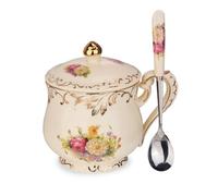 YOLIFE Tea Cup with Lid, 12 OZ Vintage Ceramic Tea Cup with Lid and Spoon, Flowering Shrubs Teacup with Gold Trim Design, Birthday Gift for Mom Women