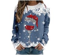 Yolimok 2024 Christmas Jumpers for Women UK, Wine Glass Print Sparkly Sequin Xmas Tops Festival Funny Long Sleeve Tops 100% Cotton Crewneck Sweatshirts Pullover Blouse Dressy Tunic Tops