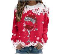 Yolimok 2024 Christmas Jumpers for Women UK, Wine Glass Print Sparkly Sequin Xmas Tops Festival Funny Long Sleeve Tops 100% Cotton Crewneck Sweatshirts Pullover Blouse Dressy Tunic Tops