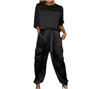 Yolimok Airport Outfit Women,Two Piece Outfit Summer Fall Loungewear Stain Straight Leg Pants with Pockets Round Neck Cotton Linen Color Blocked Blouse 3/4 Sleeve Co Ord Sst Holiday Lounge Wear Sets