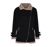Yolimok Bomber Leather Jacket for Women UK Winter Thicked Sherpa Lined Coat Outwear Plus Size Lapel Faux Suede Leather Biker Motor Jacket Overcoat Oversize Shearling Aviator Biker Coats Plus Size