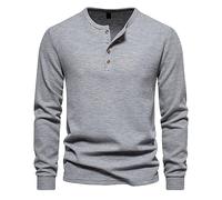 Yolimok Breathable T Shirts for Men Solid Color Waffle Pullovers Crew Neck T-Shirt Quater Button Jumpers Long Sleeve Shirts Ribbed Cuff Blouse Top Autumn Thin Outdoor Casual Loose Fit Tops Gray
