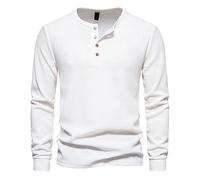 Yolimok Breathable T Shirts for Men Solid Color Waffle Pullovers Crew Neck T-Shirt Quater Button Jumpers Long Sleeve Shirts Ribbed Cuff Blouse Top Autumn Thin Outdoor Casual Loose Fit Tops White