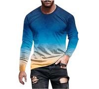 Yolimok Cotton T Shirts for Men UK Gradient Color Printed Pullovers Long Sleeve Shirts Crew Neck T-Shirt Top Casual Loose Fit Blouse Tops Autumn Outdoor Easy Matching Tops Clearance Blue