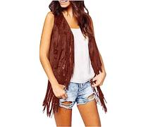 Yolimok Fringed Waistcoat Women Cowgirl Outfit Solid Color Fringe Top Open Front Sleeveless Gilets Jacket Y2K Hippie Waistcoat Vest with Tassel Faux Suede Rivets Sleeveless Jacket Cardigan Tops