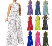 Yolimok High Waist Playsuit Halter Neck Jumpsuits Vintage Cutout Wide Leg Sleeveless Rompers Casual Loose Fit One Piece Palazzo Trousers Full Length Pants Outfit Summer Bohemian All In One Jumpsuits