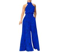 Yolimok High Waist Playsuit Halter Neck Jumpsuits Vintage Cutout Wide Leg Sleeveless Rompers Casual Loose Fit One Piece Palazzo Trousers Full Length Pants Outfit Summer Bohemian All In One Jumpsuits