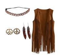 Yolimok Hippy Clothes for Women, Cowgirl Outfit Cosplay Hippie Costume 60s 70s Cosplay Denim Waistcoat Accessories 4PCS Set, Includes Tassel Vest & Boho Headband & Tassel Earrings & Feather Earrings