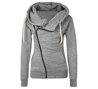 Yolimok Hooded Fleece Jacket Women Diagonal Zipper Long Sleeved Coat Solid Color Slim Fit Drawstring Hoodies Sweatshirt Jumper Autumn Winter Warm Outwear Pullover Hoody UK Size 8-16 Gray