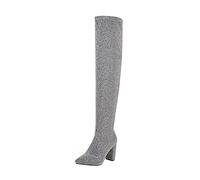 Yolimok Knee High Boots Women Leopard Print Over The Knee Long Boots Stretch Knit Thick Heel Pointed Toe High Boots Ladies Thigh High Boots Winter Fashion Boots Sexy Suede Warm Black Purple UK 3-7.5